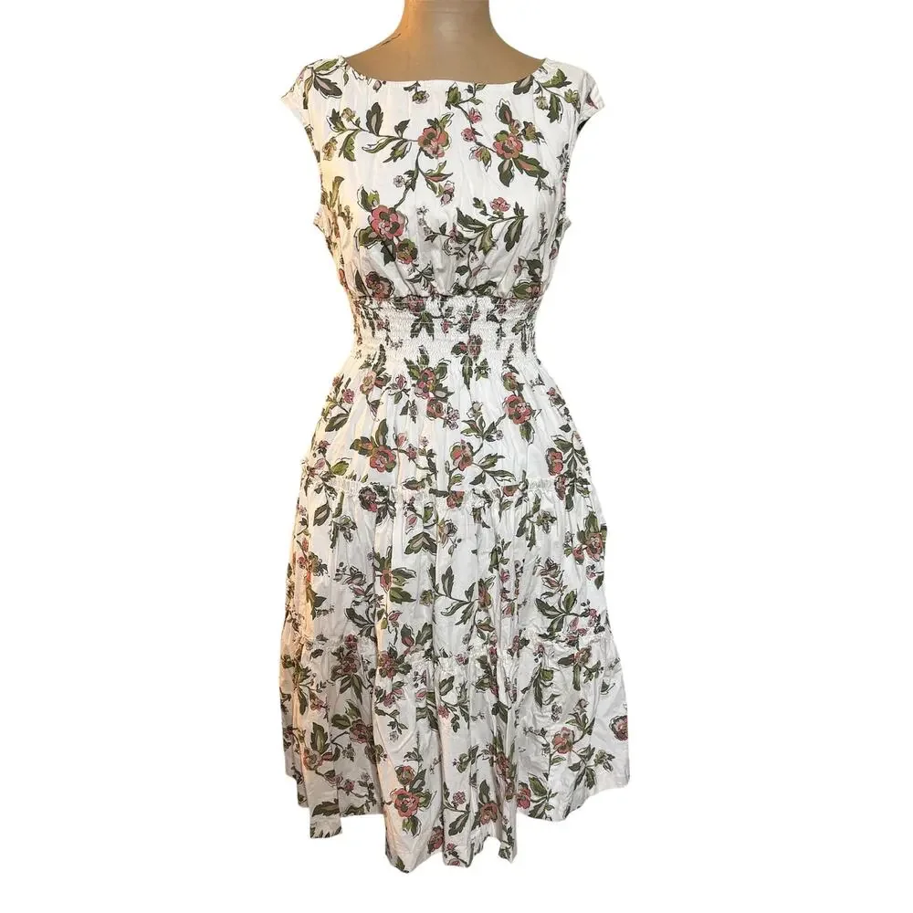Kate Spade Forest Blooms Blaire Midi Dress Cream Cotton Floral Print size XS